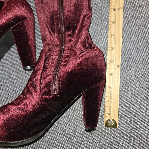 Catherine Malandrino Velva Over  Knee Boots Velvet  7.5 Heeled  Maroon Red EUC - Picture 15 of 16